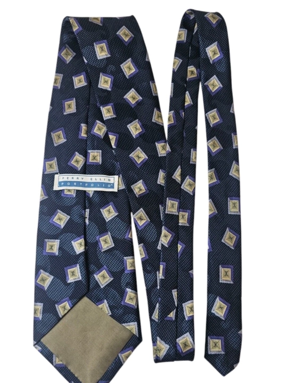 Perry Ellis Portfolio Men's Silk Tie Navy Blue Purple Square Geo 4" x 58" USA